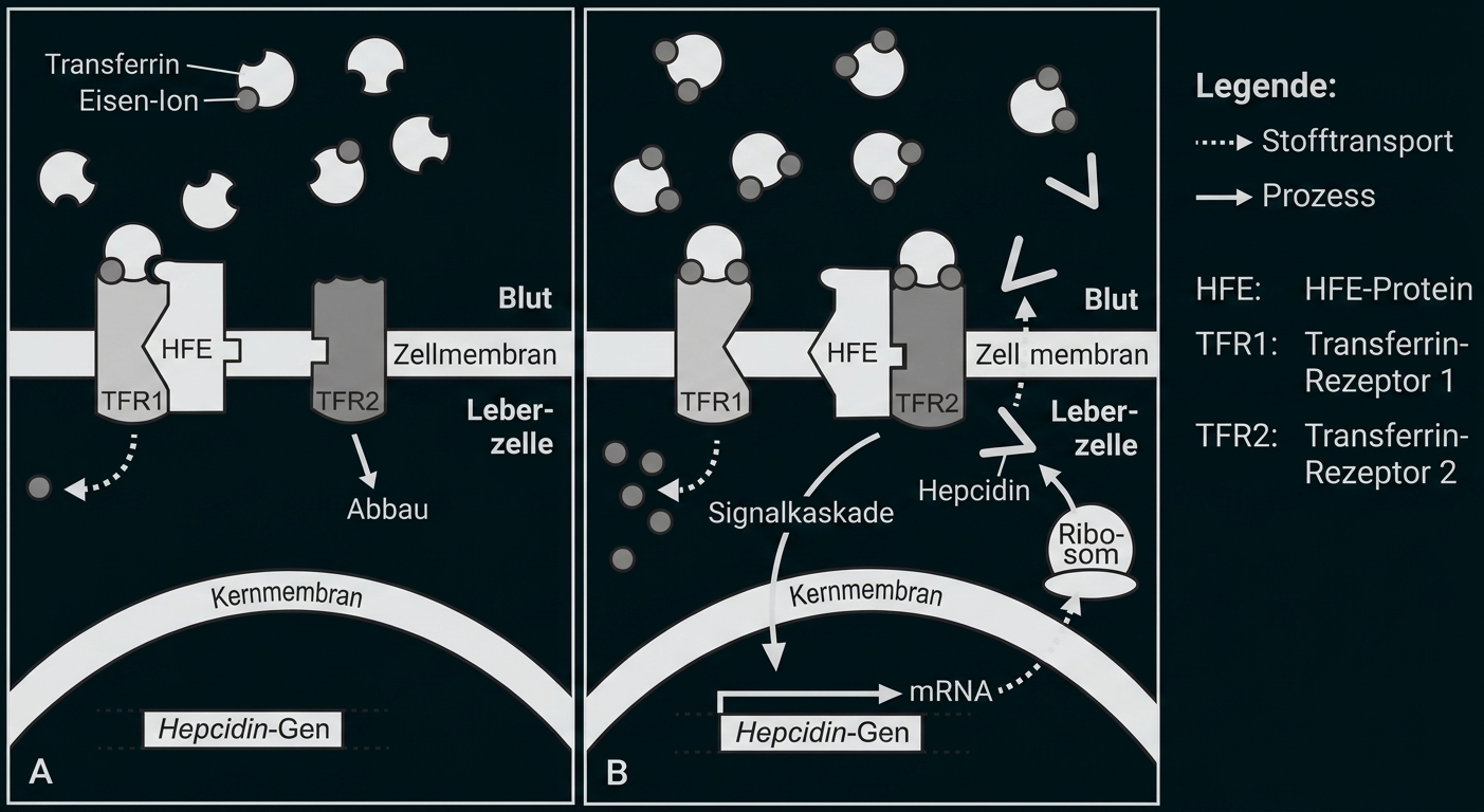 Schematische Darstellung von Eisenstoffwechsel und Hepcidin-Regulation in Leberzellen